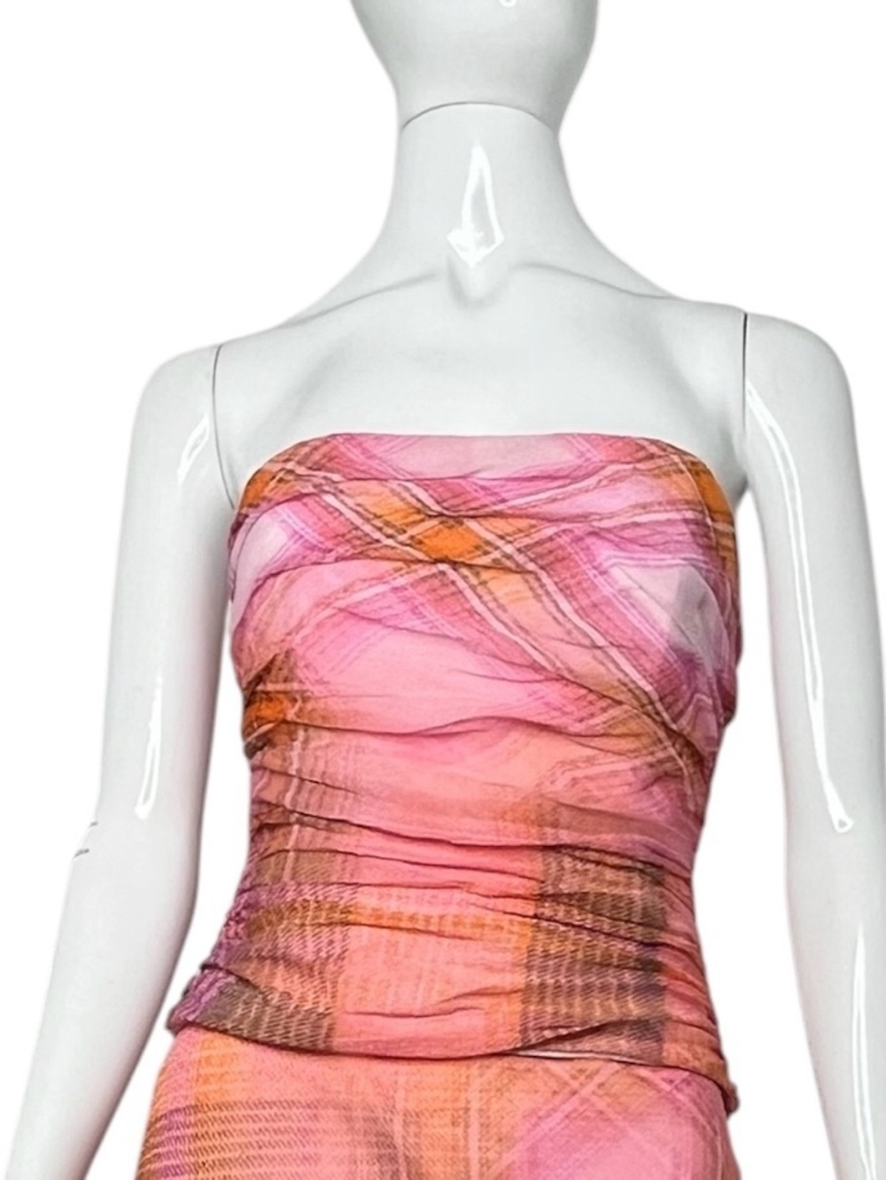 NWT Mango MNG Orange Pink Chiffon Plaid Ruched Bustier Corset Top Size S